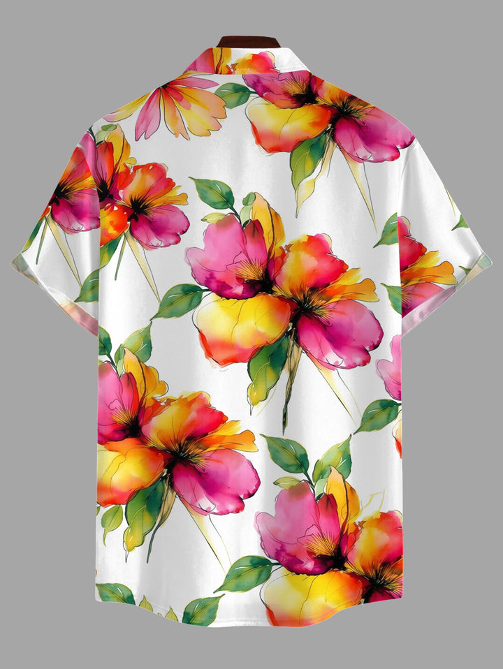 Men's Watercolor Floral Print Button Up Vacation Shirt