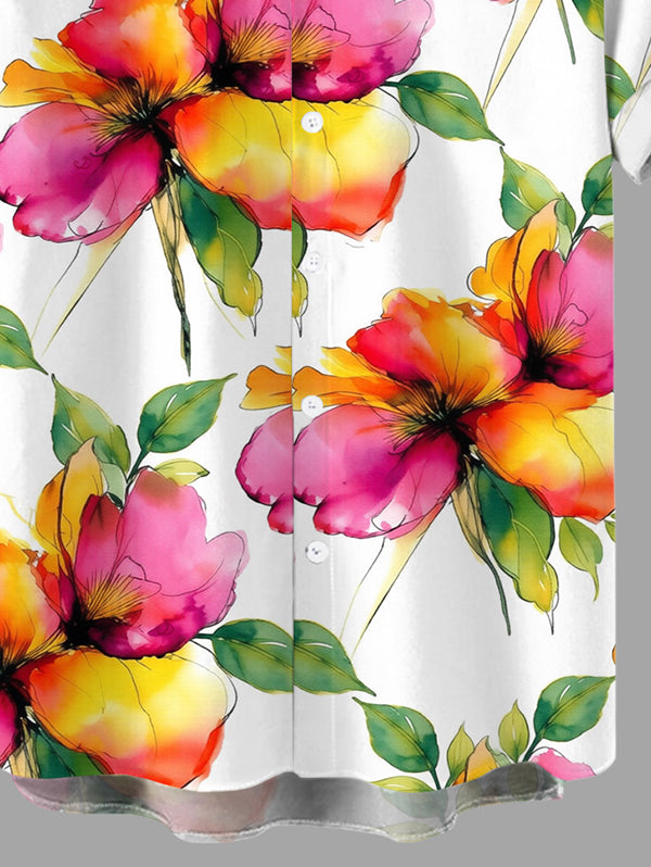 Men's Watercolor Floral Print Button Up Vacation Shirt