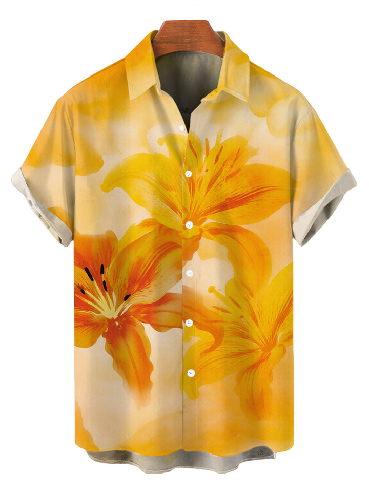 Men's Tie Dye Lily Floral Print Button Up Hawaiian Vacation Shirt