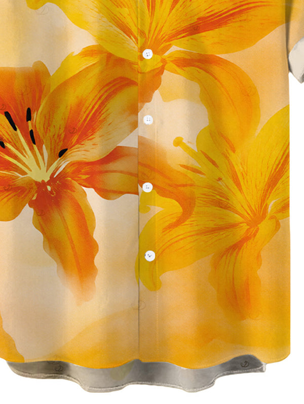 Men's Tie Dye Lily Floral Print Button Up Hawaiian Vacation Shirt