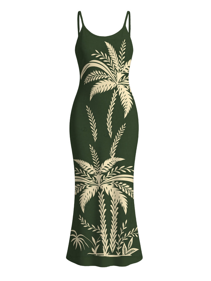 Tropical Palm Tree Print Spaghetti Strap Maxi Bodycon Hawaiian Vacation Dress
