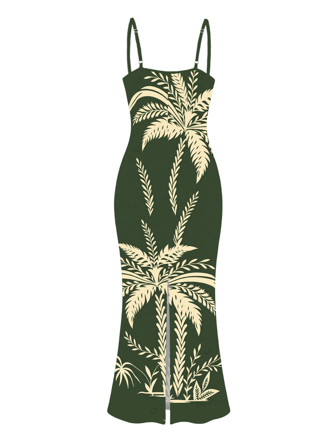 Tropical Palm Tree Print Spaghetti Strap Maxi Bodycon Hawaiian Vacation Dress