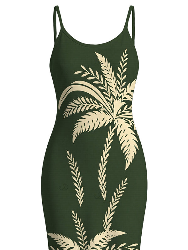 Tropical Palm Tree Print Spaghetti Strap Maxi Bodycon Hawaiian Vacation Dress