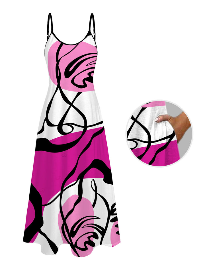 Colorblock Abstract Line Print Pocket Spaghetti Strap Hawaiian Vacation Dress