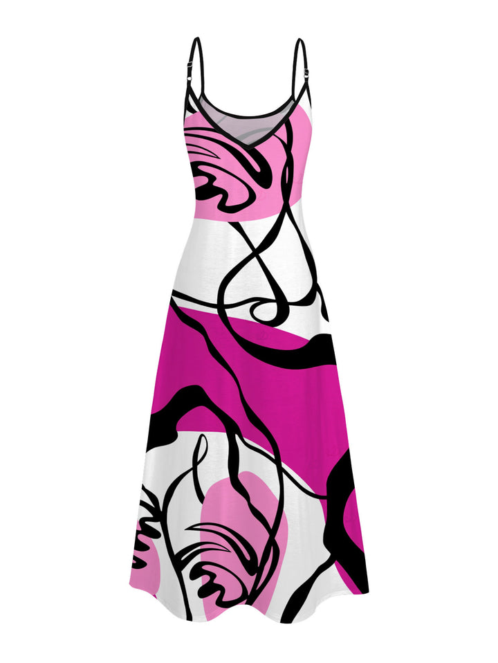 Colorblock Abstract Line Print Pocket Spaghetti Strap Hawaiian Vacation Dress