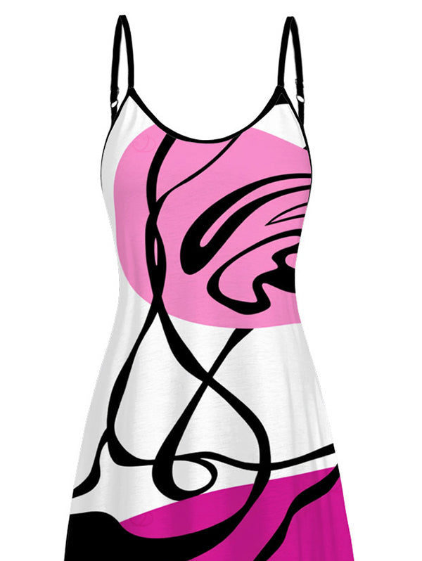 Colorblock Abstract Line Print Pocket Spaghetti Strap Hawaiian Vacation Dress