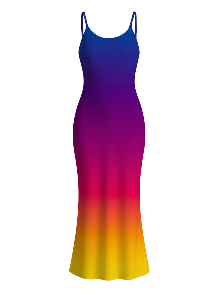 Ombre Print Spaghetti Strap Maxi Bodycon Vacation Dress
