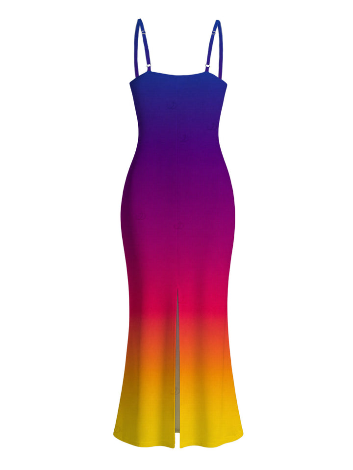 Ombre Print Spaghetti Strap Maxi Bodycon Vacation Dress