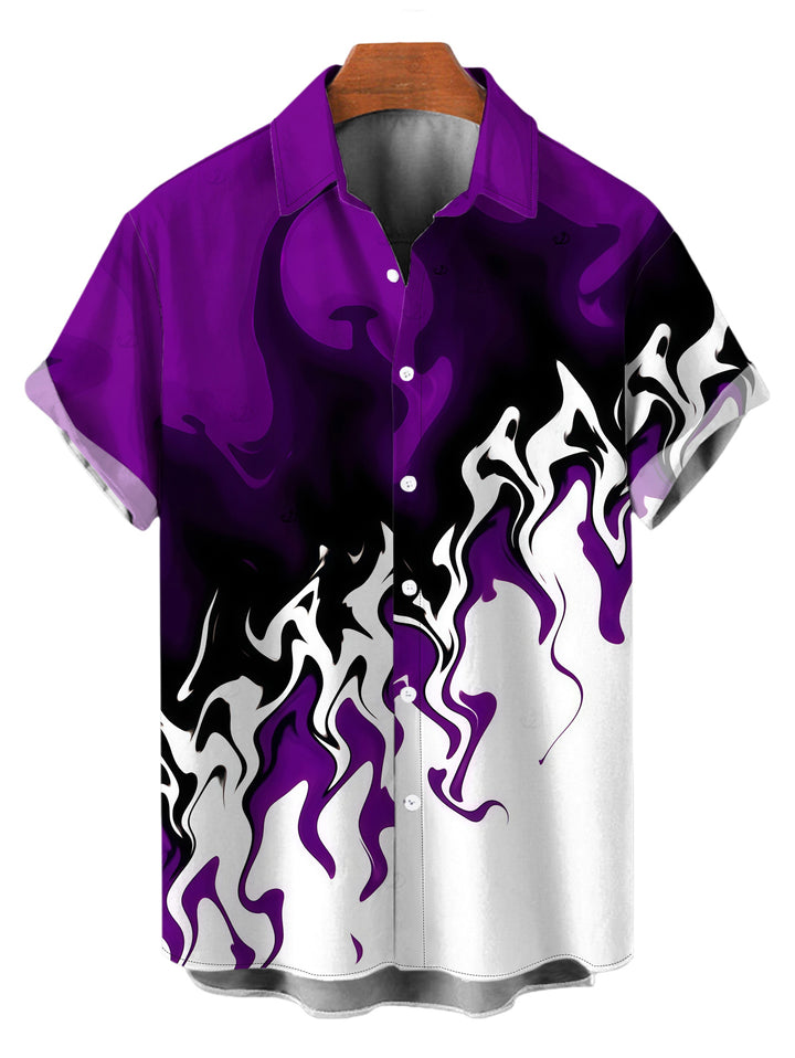 Men's Contrast Color Flame Print Button Up Vacation Shirt