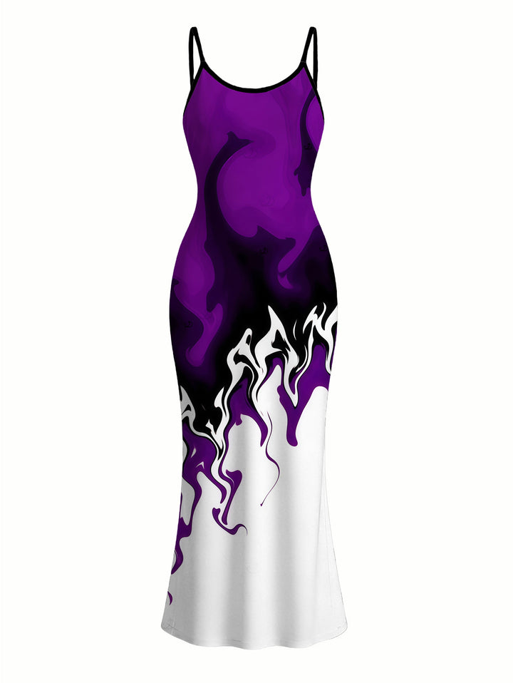 Contrast Color Flame Print Bodycon Mermaid Maxi Vacation Dress