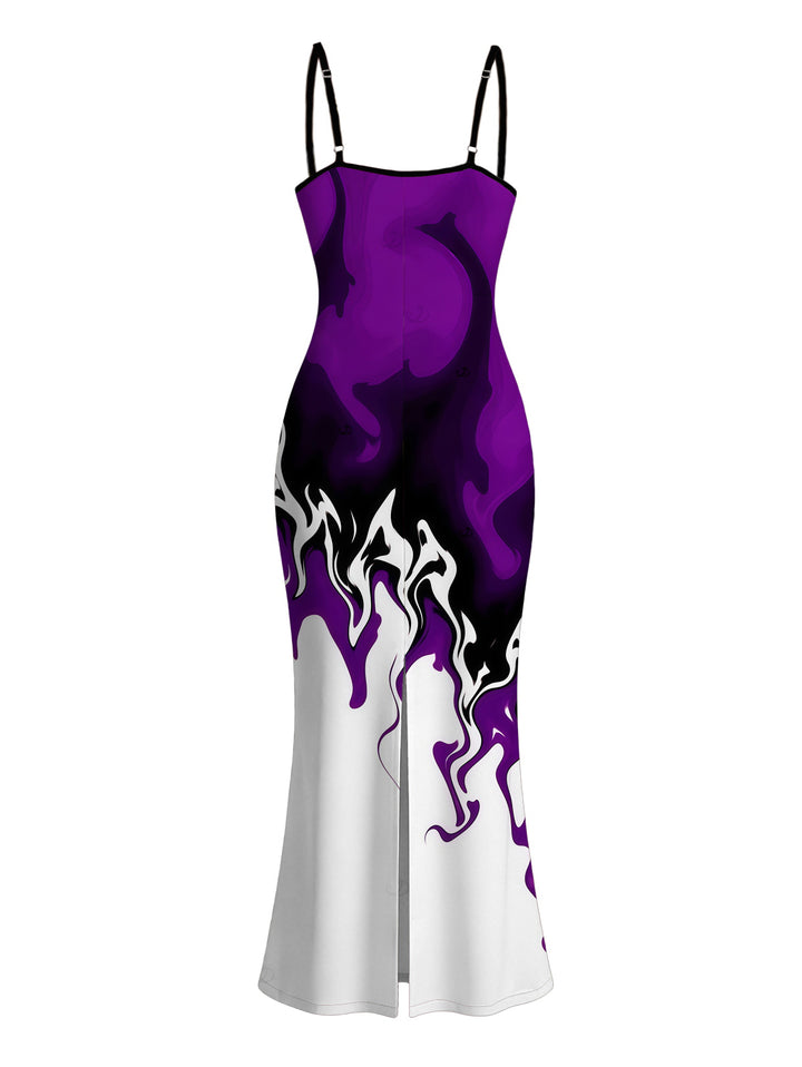 Contrast Color Flame Print Bodycon Mermaid Maxi Vacation Dress