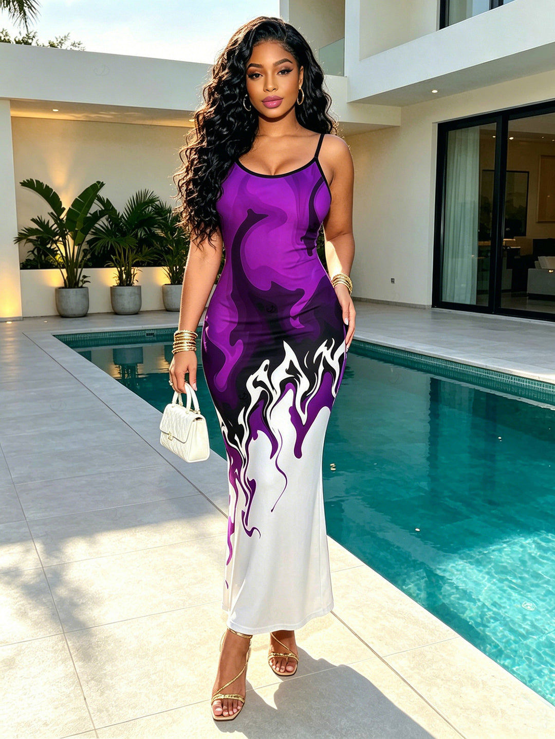 Contrast Color Flame Print Bodycon Mermaid Maxi Vacation Dress