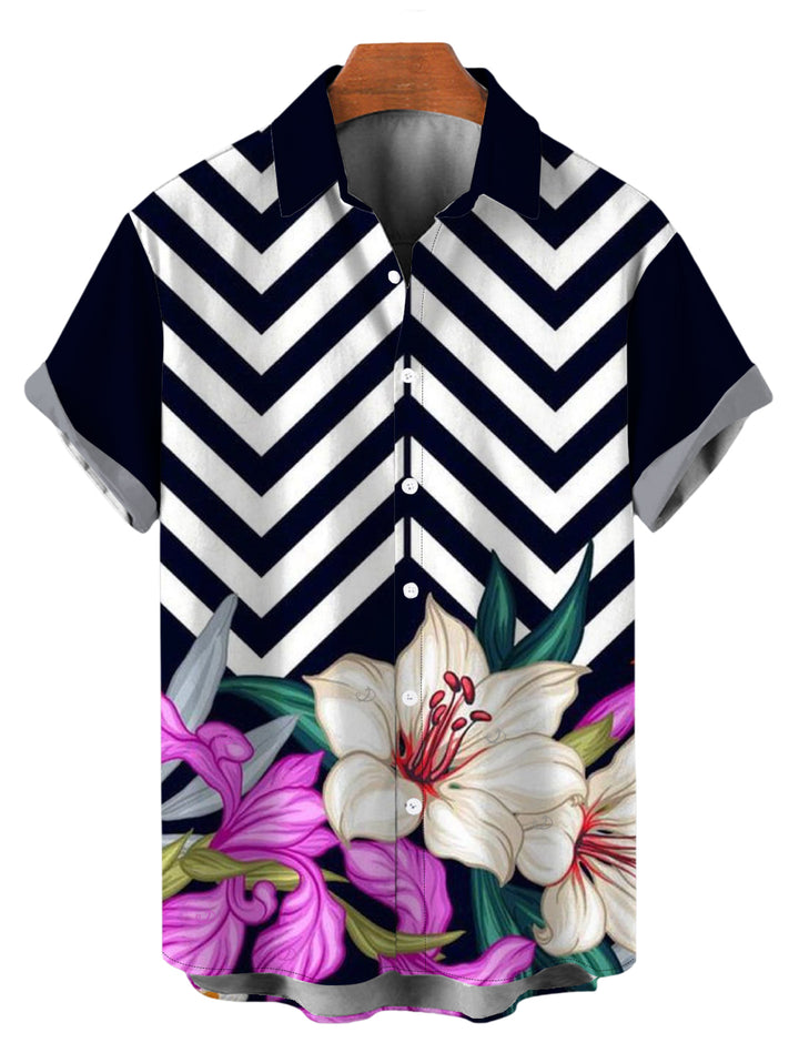 Men's Zig Zag Lily Floral Print Button Up Vacation Shirt