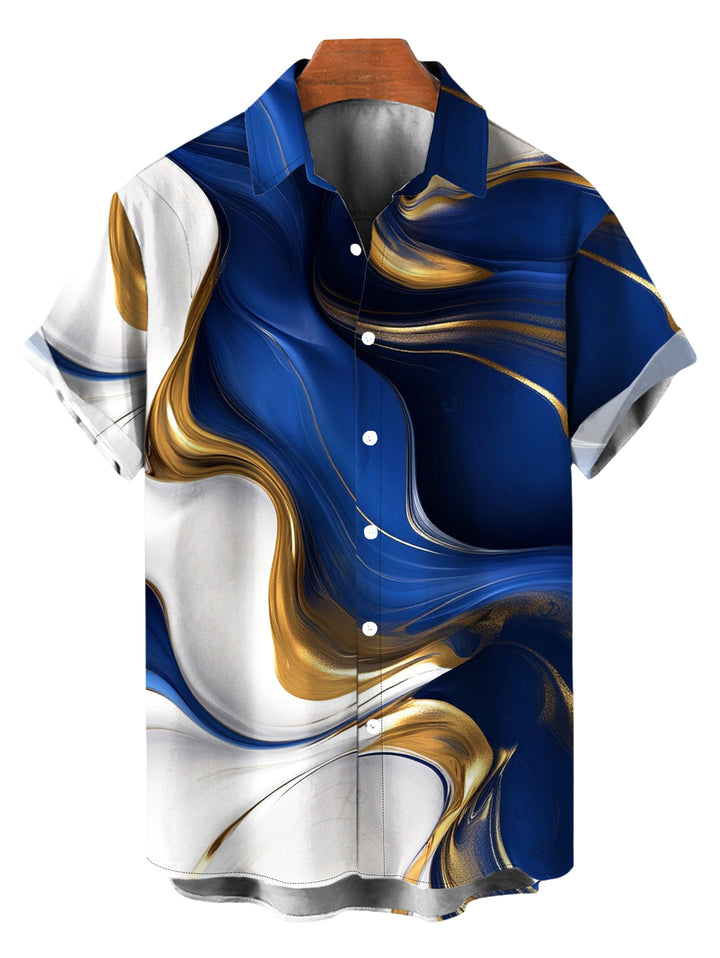 Men's Gold Fluid Abstract Marble Print Button Up Vacation Shirt