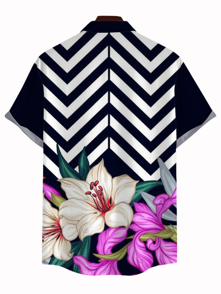 Men's Zig Zag Lily Floral Print Button Up Vacation Shirt