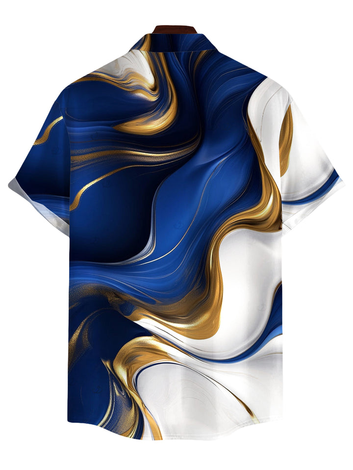 Men's Gold Fluid Abstract Marble Print Button Up Vacation Shirt