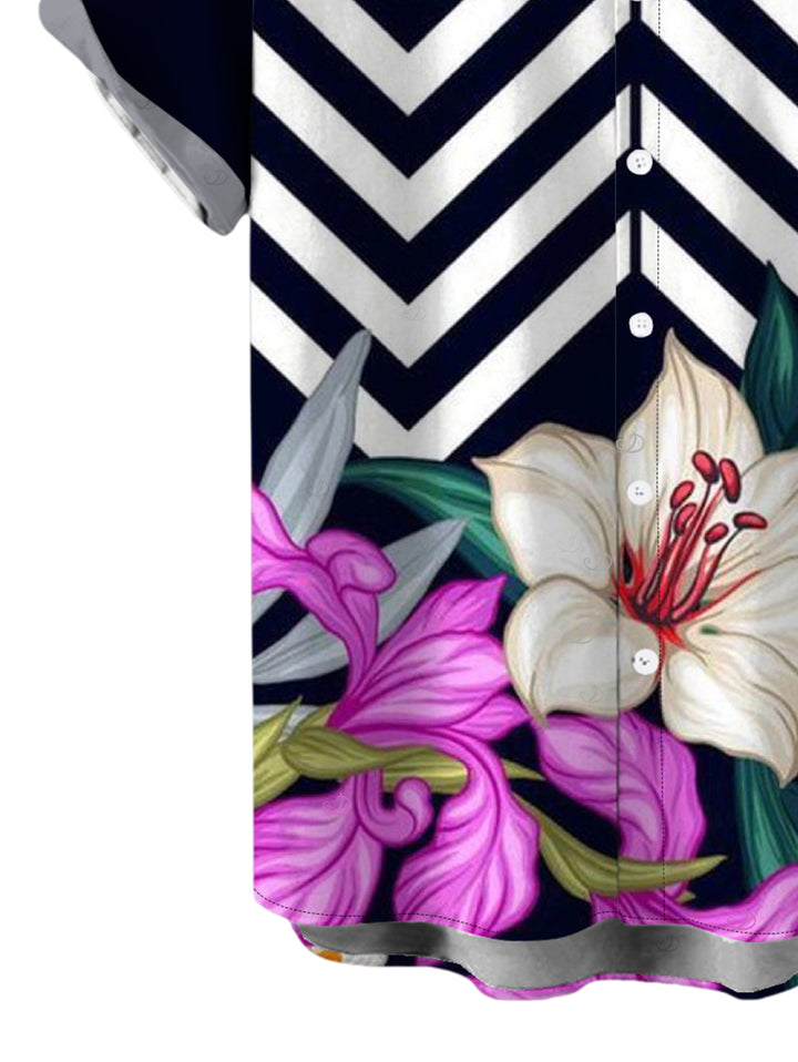 Men's Zig Zag Lily Floral Print Button Up Vacation Shirt