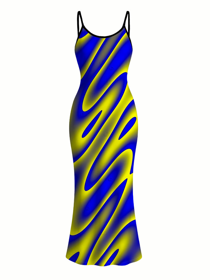 Clorblock Abstract Fluid Swirl Print Spaghetti Strap Bodycon Maxi Vacation Dress