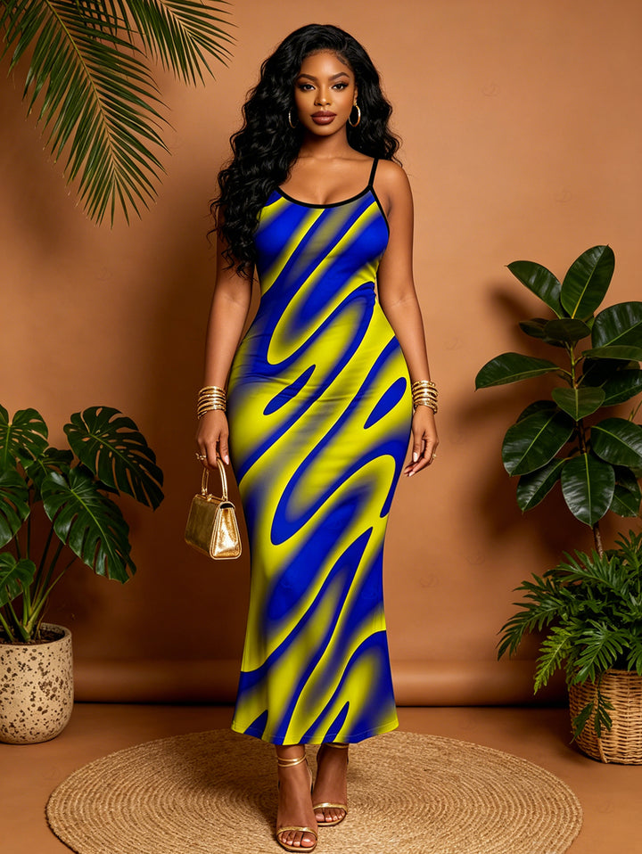 Clorblock Abstract Fluid Swirl Print Spaghetti Strap Bodycon Maxi Vacation Dress