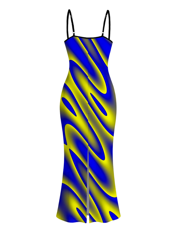 Clorblock Abstract Fluid Swirl Print Spaghetti Strap Bodycon Maxi Vacation Dress