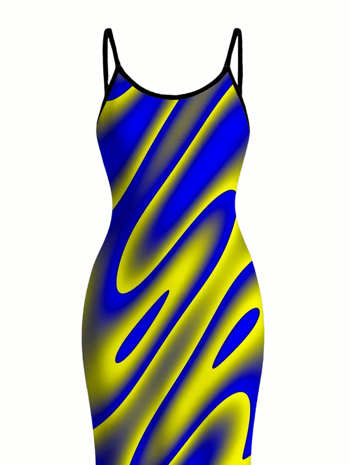 Clorblock Abstract Fluid Swirl Print Spaghetti Strap Bodycon Maxi Vacation Dress