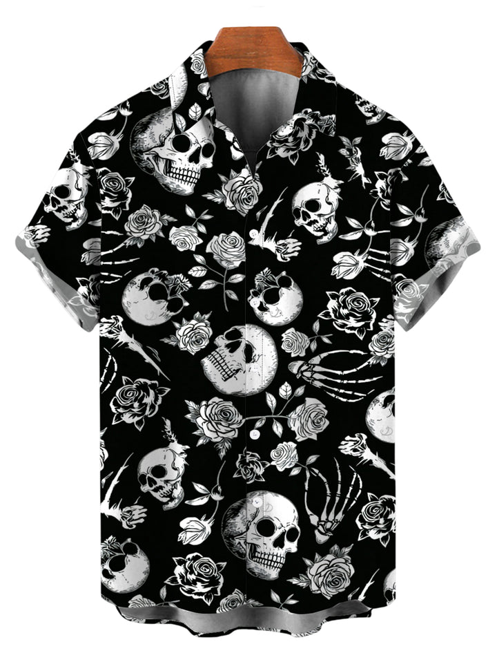Men's Skulls Skeleton Rose Print Button Up Gothic Shirt