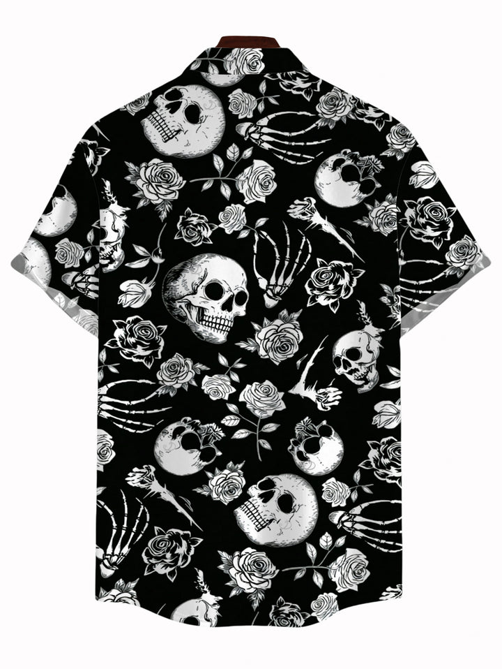 Men's Skulls Skeleton Rose Print Button Up Gothic Shirt