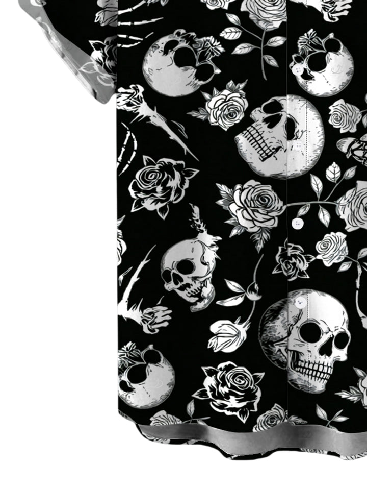Men's Skulls Skeleton Rose Print Button Up Gothic Shirt