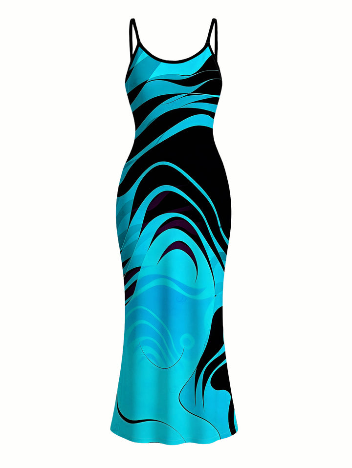 Neon Contrast Color Liquid Flow Wave Print Spaghetti Strap Bodycon Maxi Vacation Dress
