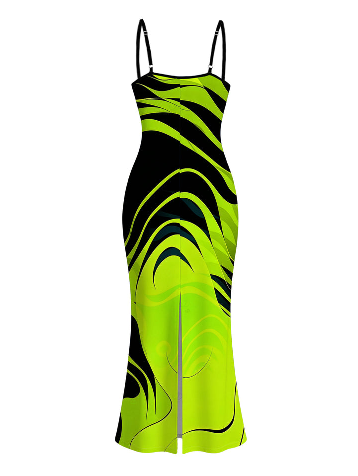 Neon Contrast Color Liquid Flow Wave Print Spaghetti Strap Bodycon Maxi Vacation Dress