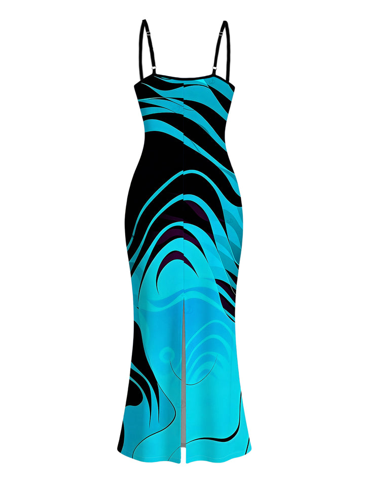 Neon Contrast Color Liquid Flow Wave Print Spaghetti Strap Bodycon Maxi Vacation Dress