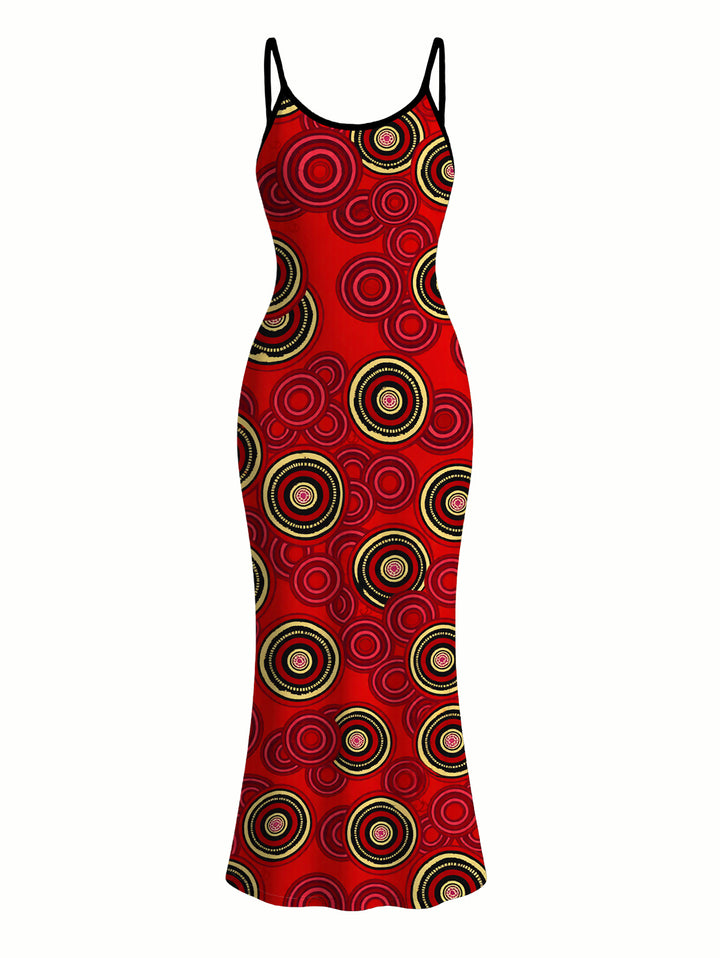 Geometric Concentric Circle Print Spaghetti Strap Maxi Bodycon Vintage Dress