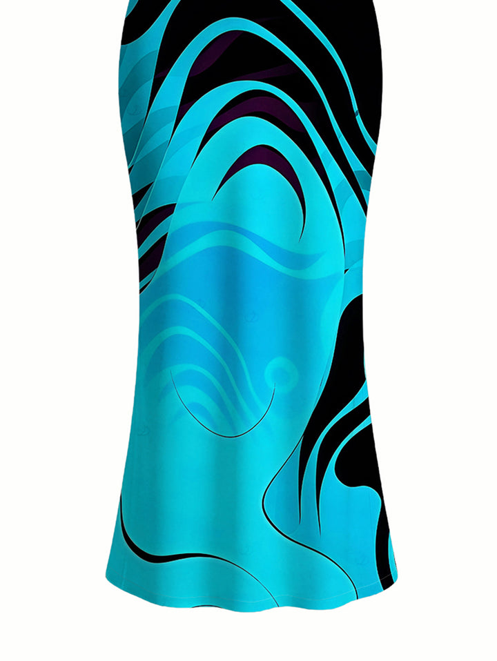 Neon Contrast Color Liquid Flow Wave Print Spaghetti Strap Bodycon Maxi Vacation Dress