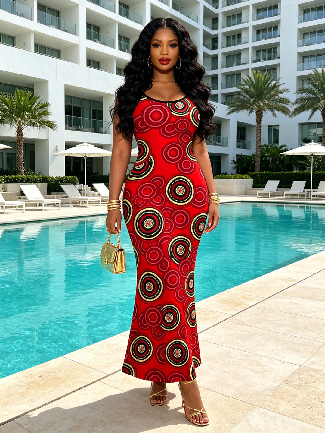 Geometric Concentric Circle Print Spaghetti Strap Maxi Bodycon Vintage Dress