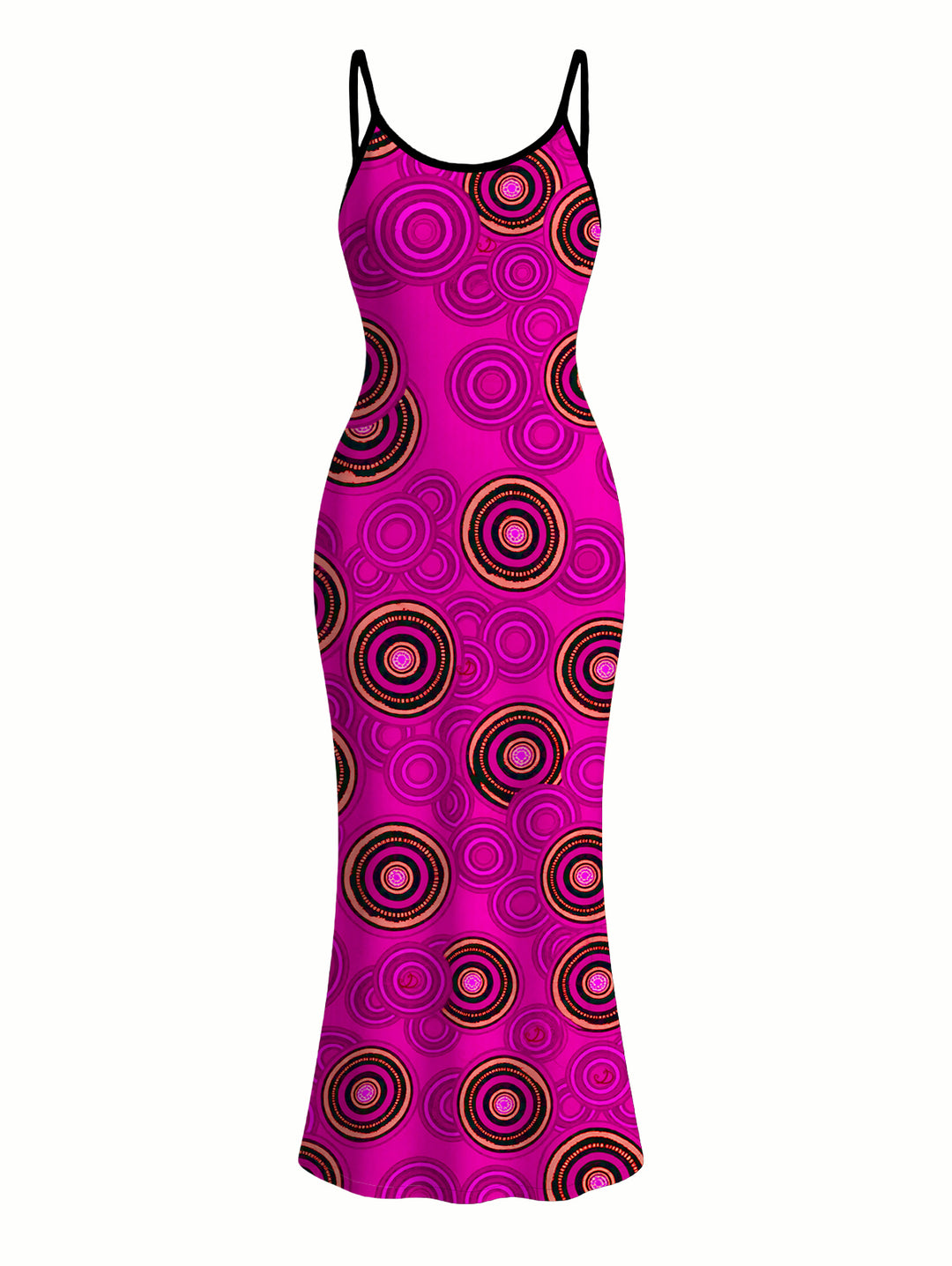 Geometric Concentric Circle Print Spaghetti Strap Maxi Bodycon Vintage Dress