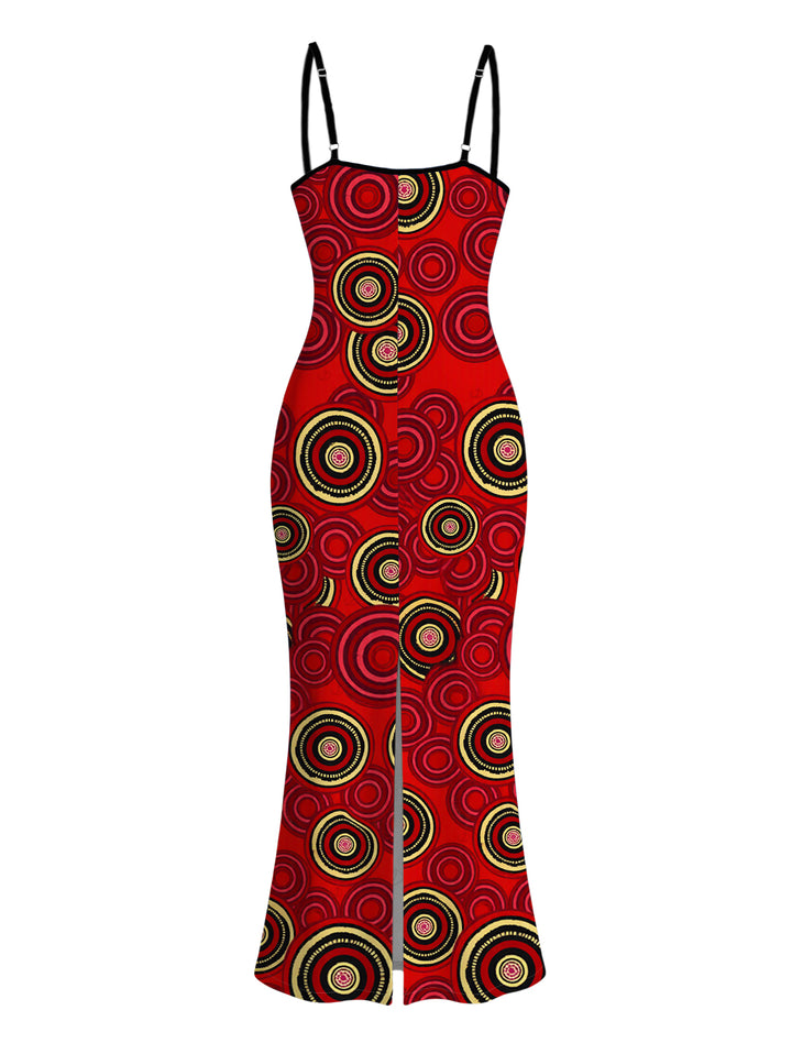 Geometric Concentric Circle Print Spaghetti Strap Maxi Bodycon Vintage Dress