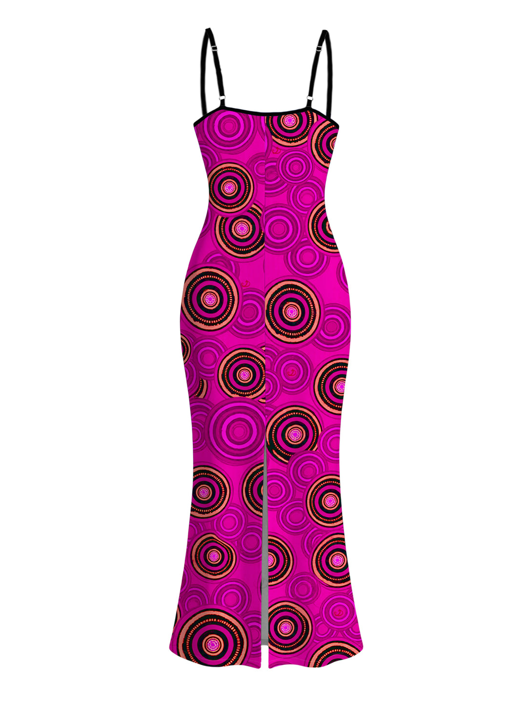Geometric Concentric Circle Print Spaghetti Strap Maxi Bodycon Vintage Dress