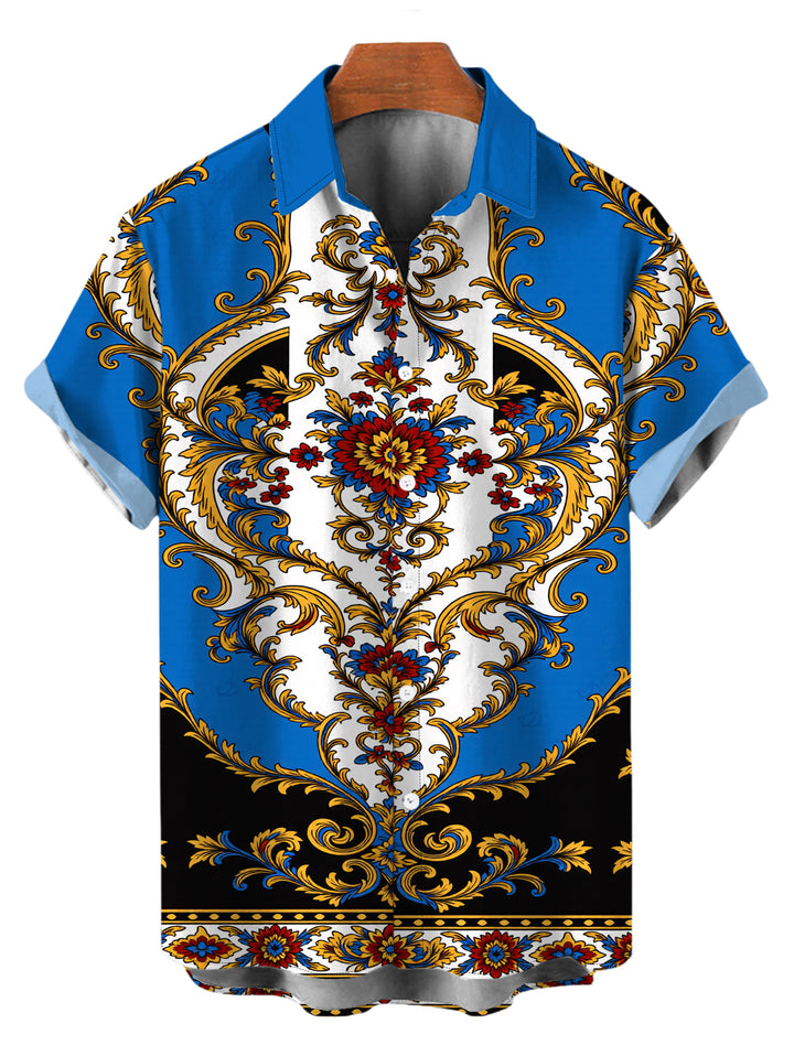 Men's Vintage Baroque Floral Print Button Up Vacation Shirt