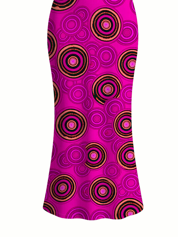 Geometric Concentric Circle Print Spaghetti Strap Maxi Bodycon Vintage Dress