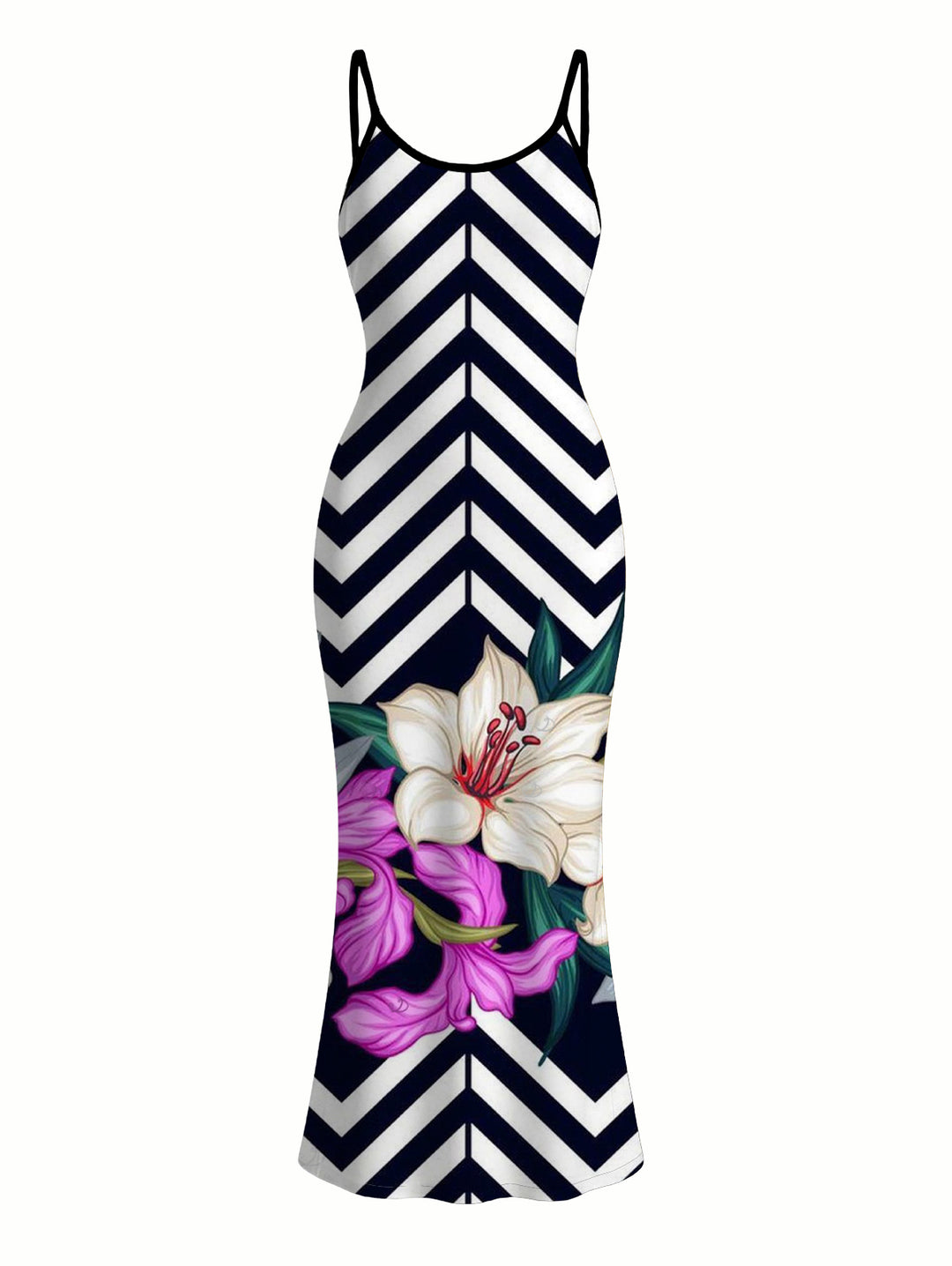 Zig Zag Lily Floral Print Spaghetti Strap Maxi Bodycon Vacation Dress