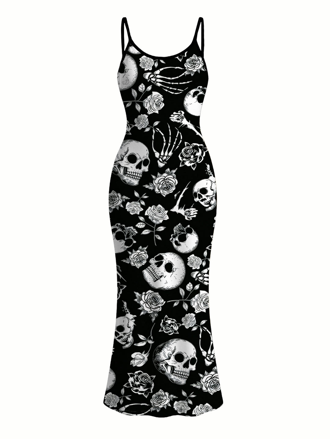 Skulls Skeleton Rose Print Spaghetti Strap Maxi Bodycon Gothic Dress