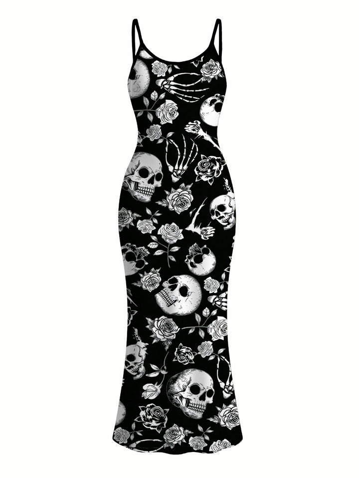 Skulls Skeleton Rose Print Spaghetti Strap Maxi Bodycon Gothic Dress