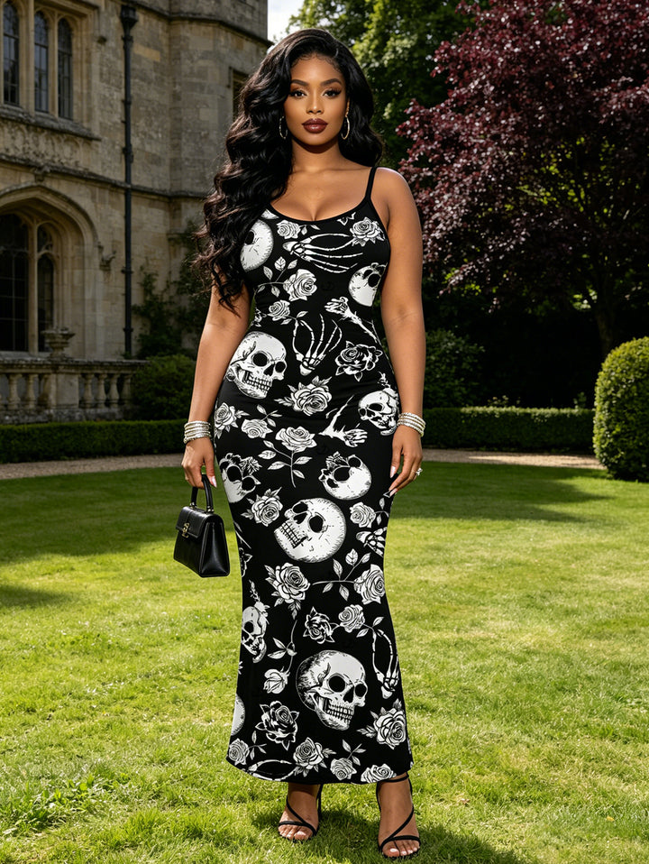 Skulls Skeleton Rose Print Spaghetti Strap Maxi Bodycon Gothic Dress
