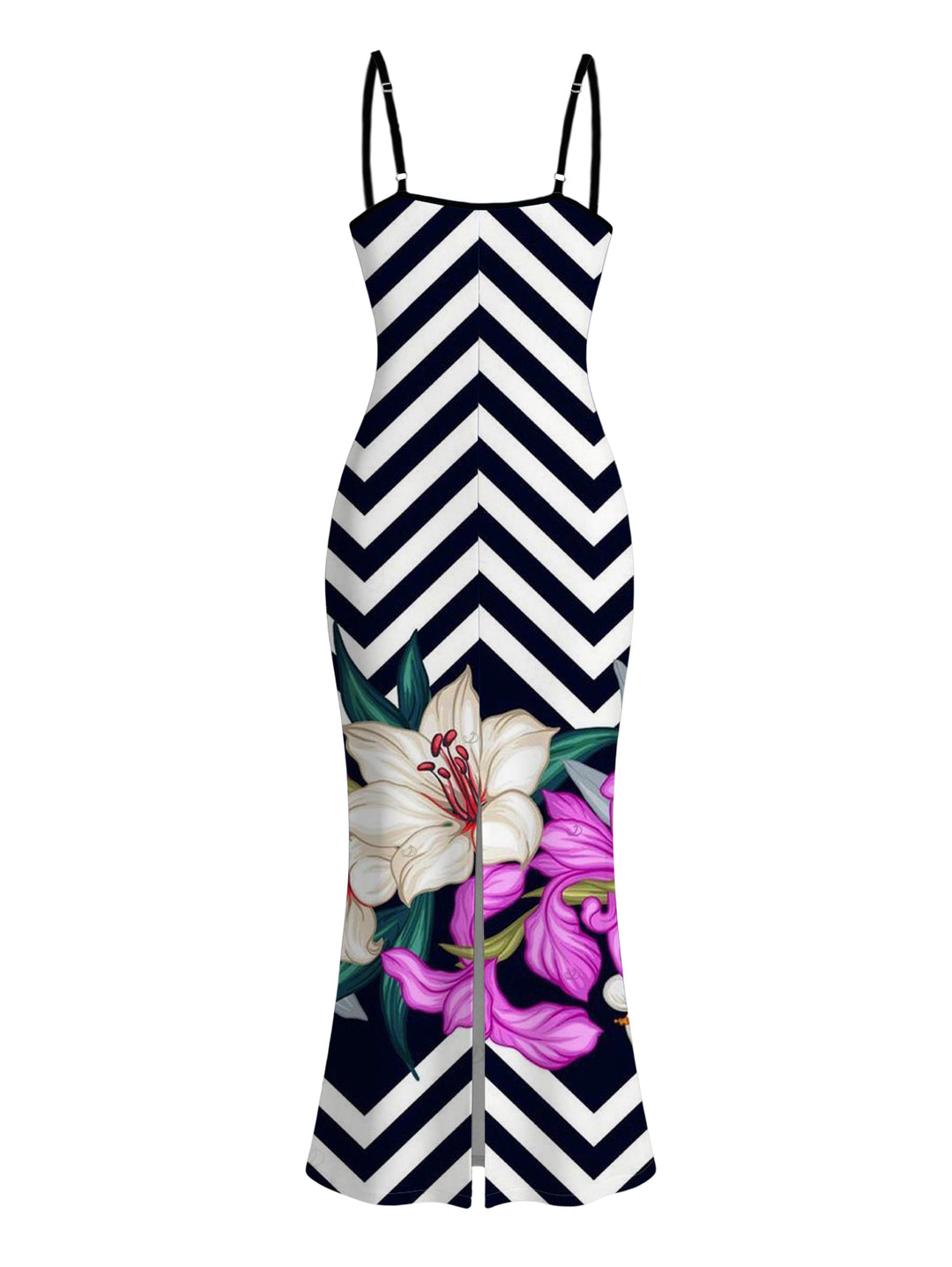 Zig Zag Lily Floral Print Spaghetti Strap Maxi Bodycon Vacation Dress