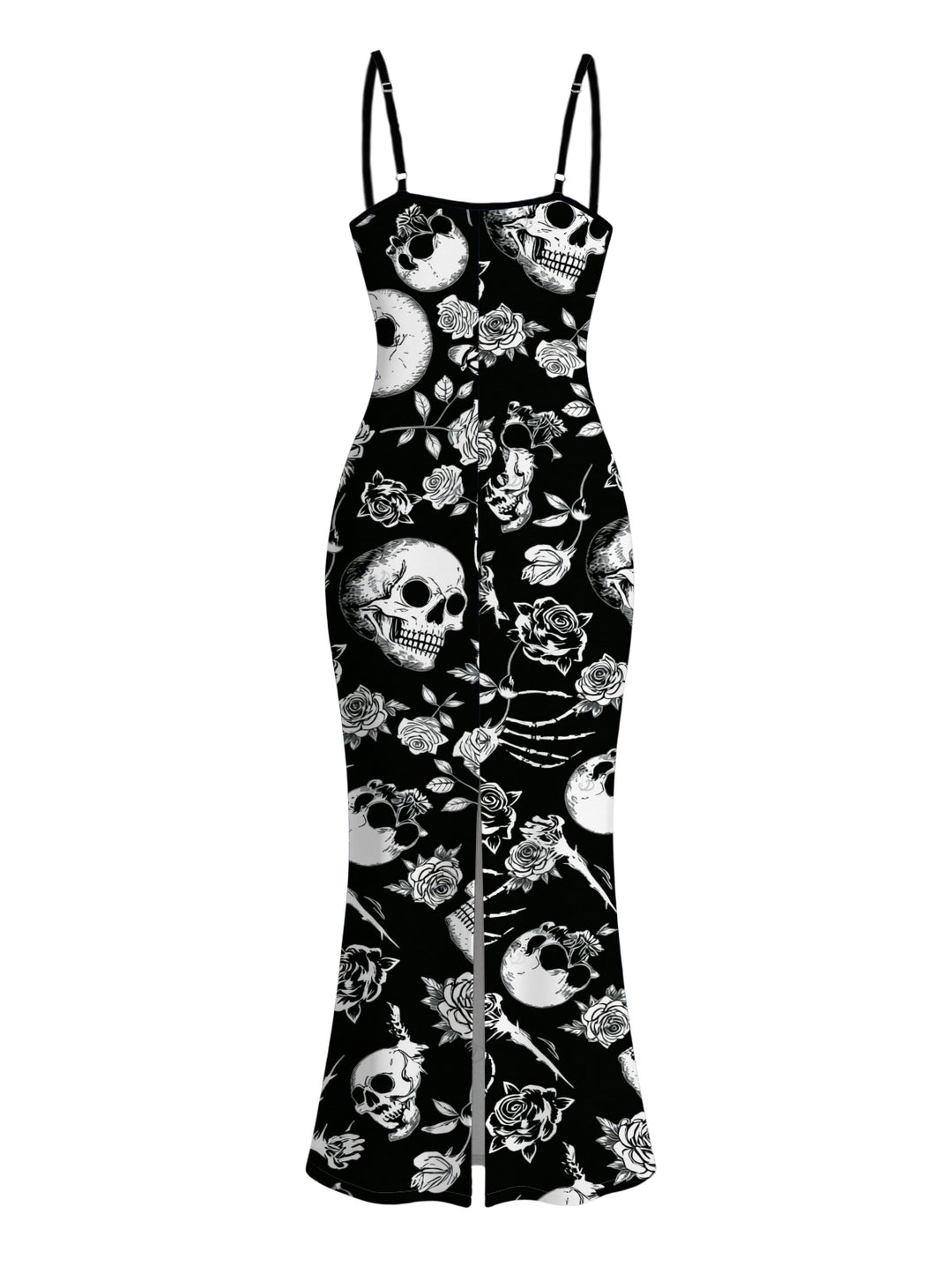 Skulls Skeleton Rose Print Spaghetti Strap Maxi Bodycon Gothic Dress