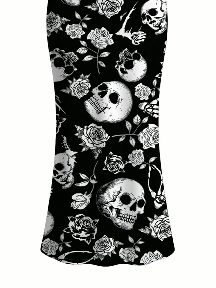 Skulls Skeleton Rose Print Spaghetti Strap Maxi Bodycon Gothic Dress