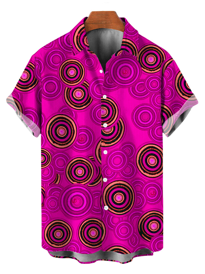 Men's Geometric Concentric Circle Print Button Up Vintage Shirt