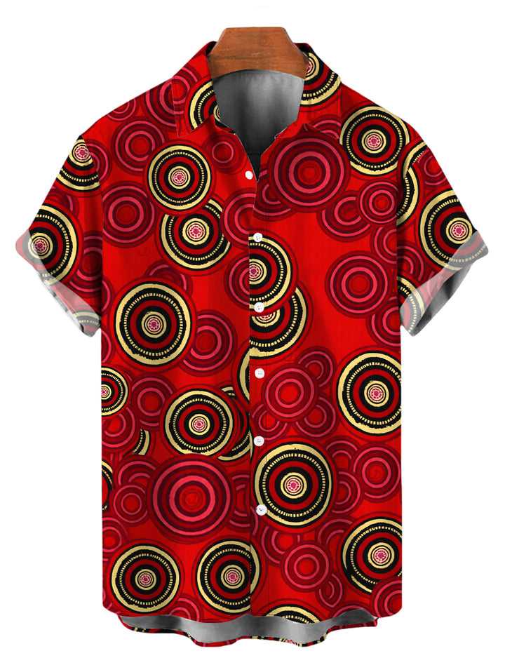 Men's Geometric Concentric Circle Print Button Up Vintage Shirt