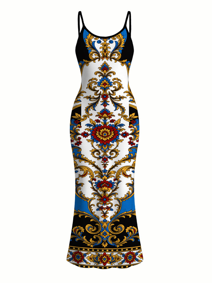 Vintage Baroque Floral Print Spaghetti Strap Maxi Bodycon Vacation Dress