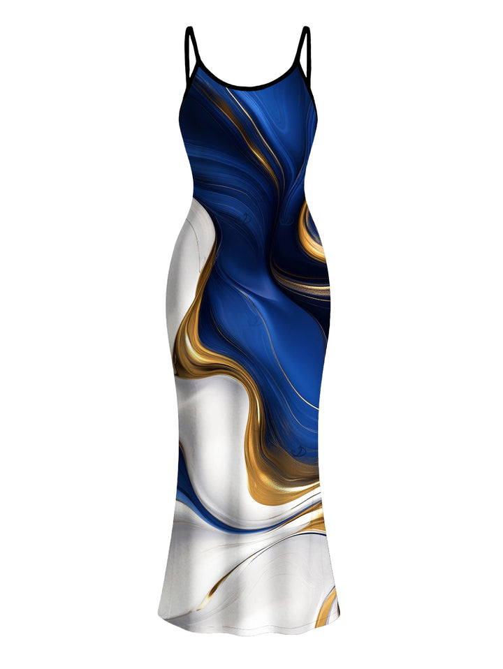 Gold Fluid Abstract Marble Print Spaghetti Strap Maxi Bodycon Vacation Dress